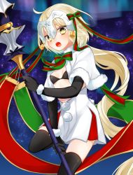 Rule 34 | 1girl, absurdly long hair, ahoge, black gloves, black thighhighs, blonde hair, bow, breasts, elbow gloves, etto eat, fate/grand order, fate (series), gloves, headpiece, highres, holding, holding staff, jeanne d&#039;arc (fate), jeanne d&#039;arc alter santa lily (fate), long hair, looking at viewer, ponytail, small breasts, solo, staff, thighhighs, very long hair, yellow eyes