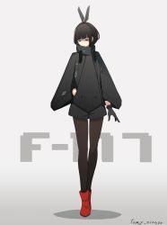 Rule 34 | 1girl, absurdres, aircraft, airplane, animal ears, attack aircraft, black gloves, black hair, blunt bangs, boots, character name, cloak, closed eyes, commentary request, f-117 nighthawk, fami (yellow skies), full body, gloves, gradient background, hand in pocket, high collar, highres, long sleeves, mecha musume, military, military vehicle, pantyhose, rabbit ears, red footwear, shorts, solo, standing, stealth, stealth aircraft, stealth attack aircraft, twitter username, united states air force