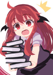 Rule 34 | 1girl, ^^^, ahoge, black skirt, black vest, blush stickers, book, book stack, head wings, highres, holding, holding book, kibisake, koakuma, necktie, open mouth, puffy short sleeves, puffy sleeves, red eyes, red hair, red necktie, short sleeves, simple background, skirt, solo, touhou, upper body, vest, white background, wings