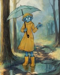 Rule 34 | 1girl, :o, absurdres, artist name, blue hair, blue skin, boots, coat, colored skin, commentary, day, drawstring, english commentary, flower, forest, full body, grass, hat, highres, holding, holding umbrella, light rays, long sleeves, matilda fiship, monster girl, naked coat, naked raincoat, nature, original, outdoors, puddle, rain, raincoat, rubber boots, short hair, slime girl, snail, snail on hand, solo, tree, umbrella, water drop, yellow coat, yellow footwear, yellow hat, yellow raincoat