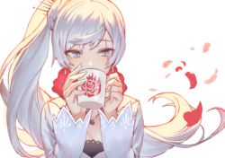 Rule 34 | 1girl, blue eyes, cape, collar, cup, drinking, grey eyes, hair ornament, hairpin, holding, holding cup, izumi sai, jewelry, long hair, long sleeves, looking down, necklace, ponytail, rwby, scar, scar across eye, scar on face, side ponytail, silver hair, solo, weiss schnee, white background