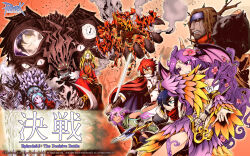 2girls 6+boys ahat_(ragnarok_online) arachne arthropod_girl blonde_hair blue_eyes blue_hair blue_headband brinaranea closed_mouth copyright_notice cowboy_shot dark_skin demon demon_wings despair_god_morroc detached_sleeves feather_sleeves fire flower forehead_jewel green_eyes grin hair_between_eyes hair_branch hair_flower hair_ornament head_wings headband hiba_agiff highres hishieh holding holding_sword holding_weapon insect_girl logo loki_(ragnarok_online) long_bangs long_hair minagi_tokuichi monster monster_girl multiple_boys multiple_girls muspellskoll nidhoggr_(ragnarok_online) official_art official_wallpaper pink_flower purple_eyes purple_hair purple_sleeves purple_wings ragnarok_online red_eyes red_hair red_robe red_scarf robe satan_morroc scar scar_on_face scarf short_hair smile spider_girl sword taur wavy_hair weapon wings