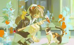 Rule 34 | 1girl, absurdres, animal collar, ankle socks, backpack, bag, beckoning, black footwear, black shirt, black sleeves, blue eyes, brown bag, brown hair, calico, cardcaptor sakura, chinese commentary, closed mouth, collar, collared shirt, commentary request, fanshou zhiyu, ferret, full body, hair bobbles, hair ornament, hat, highres, holding, holding staff, house, kero (cardcaptor sakura), kinomoto sakura, light smile, long sleeves, looking at animal, miniskirt, outdoors, outstretched hand, plant, potted plant, red collar, sailor collar, sailor hat, school uniform, shadow, shirt, shoes, short hair, skirt, socks, solo, squatting, staff, tomato, tomoeda elementary school uniform, two side up, uwabaki, watermark, weibo logo, weibo watermark, white hat, white sailor collar, white skirt, white socks