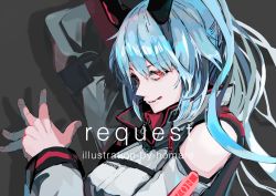 Rule 34 | 1girl, artist name, blue hair, clothing cutout, commentary request, commission, english text, grey background, grey jacket, hand up, highres, homare eramoh, horns, jacket, licking lips, long hair, long sleeves, looking at viewer, original, red eyes, shoulder cutout, simple background, skeb commission, solo, tongue, tongue out, upper body
