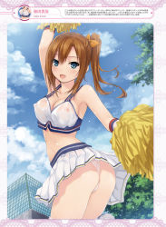 Rule 34 | 1girl, :d, ass, bare shoulders, blue eyes, bow, breasts, brown hair, cheerleader, cleavage, cloud, coffee-kizoku, covered erect nipples, crop top, day, fang, female focus, gloves, hair bow, highres, leg up, long hair, medium breasts, midriff, miniskirt, nipples, no bra, open mouth, orange bow, original, outdoors, panties, pantyshot, pleated skirt, pom pom (cheerleading), see-through, shiny skin, side ponytail, sideboob, skirt, smile, solo, standing, thighhighs, tree, underwear, wet, white gloves, white panties, white skirt, white thighhighs