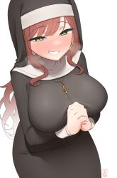 Rule 34 | 1girl, absurdres, alternate costume, artist name, black dress, blush, breasts, breath, brown hair, dress, from above, green eyes, grin, habit, highres, indie virtual youtuber, jewelry, kijikoru, large breasts, long hair, long sleeves, looking at viewer, miori celesta, naughty face, necklace, nose blush, nun, own hands clasped, own hands together, simple background, smile, solo, swept bangs, traditional nun, treble clef, very long hair, virtual youtuber, white background