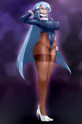 Rule 34 | absurdres, akame ga kill!, aura, bodysuit, breasts, collar, colored eyelashes, corruption, dark aura, dark persona, esdeath, full body, gag, gimp mask, hair between eyes, hand up, heart, heart-shaped pupils, high-waist pantyhose, high heels, highres, large breasts, long hair, mask, mind control, navel, o-ring, pantyhose, saliva, salute, solo, standing, symbol-shaped pupils, wiffle gag, wing228, zetaclosers