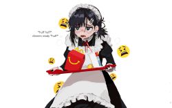 Rule 34 | 1girl, alternate costume, apron, black hair, black nails, blush, chainsaw man, cigarette, commentary, crying, crying with eyes open, cup, drinking straw, english commentary, english text, enmaided, hair ornament, hairclip, happy meal, heavy breathing, higashiyama kobeni, highres, holding, holding tray, iamgod 0526, maid, maid apron, maid headdress, mcdonald&#039;s, messy hair, mole, mole under eye, nail polish, nervous, nervous sweating, open mouth, simple background, smoking, solo, sweat, tears, tray, white background