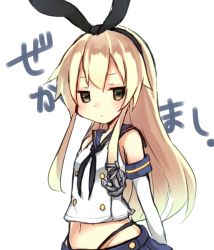 Rule 34 | 10s, 1girl, anchor hair ornament, bare shoulders, black neckerchief, black panties, blonde hair, blue skirt, bow, crop top, elbow gloves, gloves, green eyes, hair bow, hair ornament, hairband, highleg, highleg panties, highres, jitome, kantai collection, long hair, looking at viewer, midriff, neckerchief, panties, pleated skirt, reirou (chokoonnpu), sailor collar, shimakaze (kancolle), simple background, skirt, solo, underwear, upper body, white background, white gloves