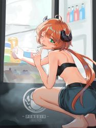 Rule 34 | 1girl, ahoge, arknights, ass, back, bakage, bare shoulders, barefoot, black sports bra, blush, breasts, commentary request, cow horns, croissant (arknights), denim, denim shorts, full body, green eyes, hair between eyes, holding, horns, indoors, long hair, looking at viewer, low ponytail, medium breasts, midriff, mouth hold, one eye closed, orange hair, penguin logistics logo, refrigerator, short shorts, shorts, sidelocks, solo, sports bra, squatting, steam, teeth, upper teeth only
