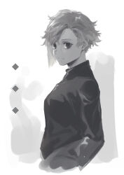 Rule 34 | 1girl, absurdres, closed mouth, from side, greyscale, highres, jacket, leo (reiga), long sleeves, looking at viewer, looking to the side, monochrome, original, reiga (act000), short hair, solo