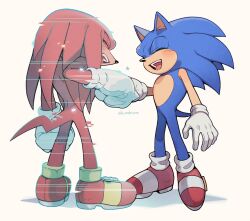 Rule 34 | 2boys, closed eyes, fist bump, full body, gloves, knuckles the echidna, male focus, multiple boys, open mouth, shoes, simple background, sk rokuro, smile, sonic (series), sonic frontiers, sonic the hedgehog, standing, white background, white gloves