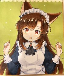 Rule 34 | 1girl, alternate costume, animal ears, apron, artist name, black dress, brown hair, dress, enmaided, fang, fingernails, highres, imaizumi kagerou, iris anemone, long fingernails, long hair, long sleeves, looking at viewer, maid, maid apron, maid headdress, nail polish, open mouth, red eyes, red nails, sharp fingernails, signature, solo, touhou, traditional media, white apron, wolf ears