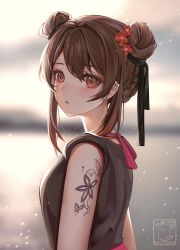 Rule 34 | 1girl, artist name, blurry, blurry background, braid, brown eyes, brown hair, brown shirt, casual, chikenryice, closed mouth, double bun, earrings, genshin impact, hair bun, hair ornament, highres, hu tao (genshin impact), jewelry, lips, looking at viewer, looking to the side, outdoors, shirt, short sleeves, shoulder tattoo, solo, tattoo