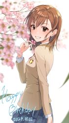 Rule 34 | 1girl, absurdres, blazer, blurry, bow, bowtie, breasts, brown eyes, brown hair, brown jacket, cherry blossoms, commentary, dated, depth of field, emblem, english commentary, happy birthday, highres, holding, holding petal, jacket, k3rd, long sleeves, looking at viewer, medium hair, misaka mikoto, parted lips, petals, plaid, plaid skirt, red bow, red bowtie, school emblem, school uniform, skirt, small breasts, smile, solo, toaru kagaku no railgun, toaru majutsu no index, tokiwadai school uniform, winter uniform