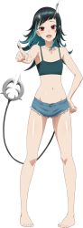 Rule 34 | 1girl, nanashi inc., absurdres, alternate costume, artist request, barefoot, black hair, blue hair, blue shorts, blush, camisole, commentary request, crop top, demon girl, demon horns, demon tail, fang, flat chest, full body, green camisole, highres, horns, long hair, looking at viewer, multicolored hair, navel, open mouth, pointing, pointing at viewer, pointy ears, red eyes, second-party source, shishio chris, short shorts, shorts, simple background, smile, solo, standing, sugar lyric, tail, two-tone hair, virtual youtuber, white background
