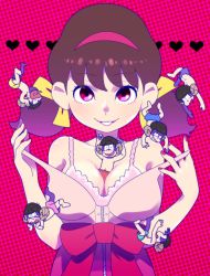 Rule 34 | 10s, 1girl, 6+boys, between breasts, black hair, boxers, bra, breasts, brothers, brown hair, catherine (game), catherine cover parody, dress, hair ribbon, hairband, heart, heart in mouth, horns, looking at viewer, low twintails, male underwear, matsuno choromatsu, matsuno ichimatsu, matsuno jyushimatsu, matsuno karamatsu, matsuno osomatsu, matsuno todomatsu, messy hair, mini person, miniboy, multiple boys, nail polish, osomatsu-kun, osomatsu-san, osomatsu (series), parody, person between breasts, pink background, pink eyes, polka dot, polka dot background, ribbon, riomario, sextuplets, shaded face, sheep horns, short twintails, siblings, simple background, smile, twintails, underwear, undressing, yowai totoko