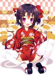 Rule 34 | 10s, 1girl, 2013, :d, black hair, bow, checkered background, chinese zodiac, chopsticks, clog sandals, egasumi, eyebrows, fang, floral print, full body, hair bow, hair ornament, hairclip, japanese clothes, kanzashi, kimono, meito (maze), new year, okobo, open mouth, original, purple eyes, ribbon-trimmed thighhighs, ribbon trim, sandals, short hair, short kimono, side ponytail, sitting, smile, snake, snake (chinese zodiac), solo, thighhighs, white snake, white thighhighs