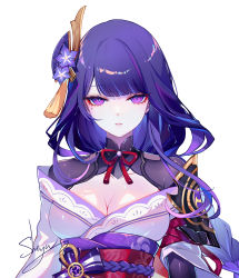 Rule 34 | 1girl, artist name, blunt bangs, breasts, chinese commentary, cleavage, commentary request, genshin impact, highres, japanese clothes, kimono, long braid, long hair, looking at viewer, medium breasts, obi, off shoulder, parted lips, purple eyes, purple hair, purple kimono, raiden shogun, red sash, sash, sheya, signature, simple background, solo, upper body, very long hair, white background