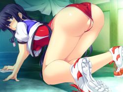 Rule 34 | 1girl, all fours, ass, black hair, blush, cleft of venus, clothing aside, from behind, game cg, jacket, legs, leotard, leotard aside, long hair, looking back, marushin (denwa0214), purple eyes, pussy, shoes, sneakers, solo, supokon! sports wear complex, terashima madoka, thighs, track jacket, uncensored