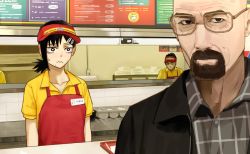Rule 34 | 1girl, 2boys, apron, bald, beard, black eyes, black hair, breaking bad, chainsaw man, collared shirt, counter, facial hair, glasses, hair ornament, hairpin, higashiyama kobeni, jacket, looking at another, looking at viewer, mole, mole on cheek, multiple boys, name tag, nervous, old, old man, red apron, restaurant, sealc4nfly, shirt, walter white, wrinkled skin