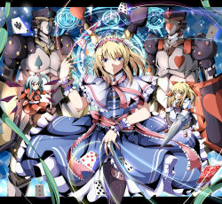Rule 34 | 1girl, alice margatroid, blonde hair, blue eyes, capelet, card, character doll, clover, clubs, doll, floating card, female focus, floating card, hairband, heart, long hair, shanghai doll, shinki (touhou), shino (moment), short hair, solo, touhou, touhou (pc-98)