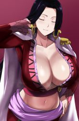 Rule 34 | 1girl, arm up, black hair, boa hancock, breasts, cafekun, cape, cleavage, closed mouth, commentary, commentary request, crop top, earrings, english commentary, epaulettes, closed eyes, forehead, hand in own hair, hand on own hip, jewelry, large breasts, light smile, long hair, long sleeves, mixed-language commentary, navel, one piece, partial commentary, red background, red shirt, shirt, snake earrings, solo, stomach, straight hair, very long hair, white cape