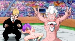 Rule 34 | 1girl, 2boys, abs, afro, after vaginal, aftersex, announcer (dragon ball), audience, beard, blonde hair, blue eyes, blush, breasts, brick wall, business suit, clothed male nude female, clothed male nude male, cum, cum in pussy, cum pool, cumdrip, defeat, double v, dragon ball, dragon ball (classic), facial hair, facing viewer, formal, game cg, highres, jackie chun, large breasts, large penis, looking at another, lying, missing tooth, multiple boys, muscular, muscular male, mustache, muten roushi, navel, necktie, nipples, nude, old, old man, on floor, open mouth, out-of-frame censoring, penis, purple hair, pussy, ranfan, running bond, sex, shoes, short hair, sneakers, socks, spread legs, suit, uncensored, v, victory pose, white beard, white facial hair, white hair, yamamoto doujin