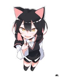 Rule 34 | 1girl, :d, animal ears, black hair, black shorts, black thighhighs, brown eyes, cat ears, collared shirt, commentary request, cropped legs, dress shirt, fang, hair between eyes, highres, index finger raised, korean commentary, layered sleeves, long sleeves, looking at viewer, multicolored hair, open mouth, original, pink hair, shirt, short over long sleeves, short shorts, short sleeves, shorts, signature, simple background, smile, solo, sweater vest, thighhighs, tosyeo, two-tone hair, white background, white shirt