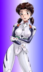 Rule 34 | 1girl, :o, ayanami rei, ayanami rei (cosplay), blue background, blush, bodysuit, bracer, breasts, brown eyes, brown hair, collarbone, contrapposto, cosplay, cowboy shot, embarrassed, erumo, female focus, freckles, gloves, gradient background, hair bobbles, hair ornament, hand on own hip, holding own arm, horaki hikari, legs apart, looking down, low twintails, neon genesis evangelion, nose blush, open mouth, pilot suit, plugsuit, purple background, raised eyebrows, short hair, short twintails, skinny, small breasts, solo, standing, turtleneck, twintails