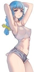 Rule 34 | 1girl, armpits, arms behind head, arms up, bare arms, bare shoulders, blue hair, blush, bow (bhp), breasts, collarbone, commentary request, covered erect nipples, cowboy shot, denim, denim shorts, long hair, looking at viewer, medium breasts, midriff, navel, original, paid reward available, purple eyes, see-through, short shorts, shorts, simple background, solo, white background