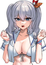 Rule 34 | 1girl, akagi kurage, alternate costume, bikini, blue eyes, breasts, cleavage, collarbone, front-tie bikini top, front-tie top, grey hair, hair between eyes, highres, kantai collection, kashima (kancolle), large breasts, long hair, looking at viewer, open mouth, simple background, smile, solo, swimsuit, twintails, upper body, white background, white bikini