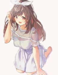 Rule 34 | 1girl, absurdres, barefoot, bow, breasts, brown eyes, brown hair, dress, hair bow, hand in own hair, highres, idolmaster, idolmaster shiny colors, large breasts, long hair, open mouth, pekoni (peconi), see-through, short sleeves, simple background, sitting, smile, solo, tsukioka kogane, wariza