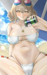Rule 34 | 1girl, anis (nikke), anis (sparkling summer) (nikke), bare shoulders, beach, bikini, blonde hair, blush, breasts, can, cleavage, dose oekaki, eyepatch bikini, eyewear on head, fake nails, goddess of victory: nikke, grin, highres, holding, holding can, jewelry, large breasts, looking at viewer, nail polish, navel, necklace, ocean, official alternate costume, pink-tinted eyewear, pouring, pouring onto self, sand, short hair, smile, solo, string bikini, sunglasses, swimsuit, tinted eyewear, water, wet, white bikini, yellow eyes