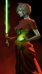 Rule 34 | 1girl, apulaz (crossbow pussycat), black background, breasts, colored skin, commission, dark background, energy sword, from side, gradient background, green lightsaber, grey hair, grey skin, highres, holding, holding weapon, lightsaber, lips, medium breasts, red background, red shirt, shirt, short hair, smile, star wars, sword, torn clothes, torn shirt, weapon