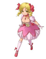 Rule 34 | 1girl, abekawa, blonde hair, bow, breasts, bubble skirt, choker, cleavage, cosplay, drill hair, full body, gem, gloves, hair bow, kaname madoka, kaname madoka (cosplay), kneehighs, large breasts, magical girl, mahou shoujo madoka magica, mahou shoujo madoka magica (anime), pink socks, shoes, short sleeves, simple background, skirt, smile, socks, solo, tomoe mami, twin drills, twintails, white background, yellow eyes