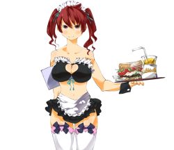 Rule 34 | 1girl, apron, bare shoulders, blush, breasts, cleavage, cleavage cutout, clothing cutout, food, heart, heart cutout, large breasts, maid, maid apron, midriff, miniskirt, navel, pink eyes, red eyes, red hair, ribbon, skirt, smile, solo, sum41, thighhighs, tray, twintails, waitress, white thighhighs, wrist cuffs