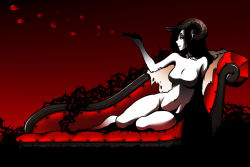 Rule 34 | 1girl, black hair, breasts, closed mouth, commentary, completely nude, couch, curled horns, demon girl, english commentary, hand up, highres, horns, large breasts, loen, long hair, navel, no nipples, nude, original, petals, red theme, rose petals, sitting, smile, solo, thorns, yellow eyes, yokozuwari