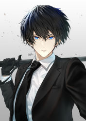 Rule 34 | 1boy, absurdres, artist name, black gloves, black hair, black jacket, black necktie, blue eyes, breast pocket, closed mouth, collared shirt, commentary request, dress shirt, ear piercing, earrings, formal, gloves, gradient background, grey background, hair between eyes, hand up, highres, holding, holding sword, holding weapon, jacket, jewelry, lapels, long sleeves, looking at viewer, makura wet, male focus, necktie, open clothes, open jacket, original, over shoulder, piercing, pocket, shirt, short hair, signature, solo, sword, upper body, v-shaped eyebrows, weapon, weapon over shoulder, white background, white shirt, wing collar