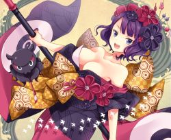 Rule 34 | bare shoulders, blush, fate/grand order, flower, foreigner (katsushika kudasai), purple eyes, purple hair, short hair, smile, yukata