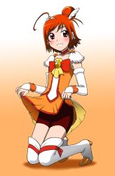 Rule 34 | 10s, 1girl, ahoge, bike shorts, bike shorts under skirt, boots, bow, cure sunny, elbow gloves, eyelashes, fingerless gloves, gloves, gradient background, hair bun, highres, hino akane (smile precure!), kneeling, magical girl, orange background, orange skirt, orange theme, precure, red shorts, short hair, shorts, shorts under skirt, single hair bun, skirt, skirt hold, smile precure!, solo, takaya n, thigh boots, thighhighs, white background