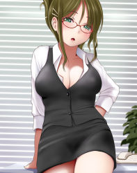 Rule 34 | 1girl, black vest, breasts, cleavage, cowboy shot, desk, folded ponytail, formal, glasses, green eyes, green hair, hair ornament, hairclip, kozue akari, large breasts, looking at viewer, mole, mole under eye, office lady, open mouth, original, pencil skirt, phone, planter, red-framed eyewear, shirt, skirt, skirt suit, solo, suit, vest, white shirt