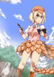 Rule 34 | 10s, 1girl, :o, animal ears, beret, blonde hair, blue sky, boots, brown eyes, cloud, collared shirt, cross-laced footwear, day, detective, dutch angle, extra ears, fingernails, giant pangolin (kemono friends), hat, highres, holding, holding pen, kemono friends, knee boots, kohaku (maou no tebasaki), looking away, looking to the side, mountain, necktie, notepad, open mouth, orange footwear, orange hat, orange necktie, orange skirt, outdoors, pangolin ears, pangolin tail, pen, pink vest, shirt, shoelaces, short hair, short sleeves, skirt, sky, solo, standing, sweater vest, tail, tsurime, vest, white shirt