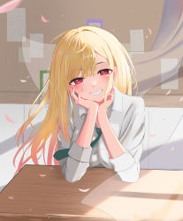 Rule 34 | 1girl, absurdres, blonde hair, classroom, colored tips, highres, kitagawa marin, long hair, looking at viewer, multicolored hair, necktie, red eyes, red hair, resolution mismatch, school uniform, shirt, smile, solo, sono bisque doll wa koi wo suru, source smaller, sty, teeth, tied shirt, uniform, white shirt