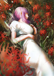 Rule 34 | 1girl, absurdres, ass, blurry, blurry foreground, breasts, dress, closed eyes, fate/stay night, fate (series), flower, highres, huge filesize, long dress, long hair, lying, matou sakura, official alternate costume, on side, purple hair, red flower, red ribbon, ribbon, short sleeves, sleeping, solo, sundress, tears, tsugu0302, white dress