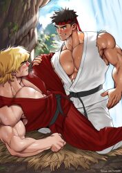 Rule 34 | 2boys, abs, bara, black hair, blonde hair, blush, cloud, day, dougi, headband, highres, ken masters, large pectorals, leg up, looking at another, male focus, multiple boys, muscular, muscular male, outdoors, paid reward available, patreon username, pectorals, red headband, ryu (street fighter), short hair, sky, smile, street fighter, street fighter ii (series), suyohara, teeth, torn clothes, yaoi