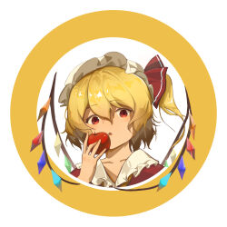 Rule 34 | 1girl, absurdres, apple, collarbone, crystal, flandre scarlet, food, fruit, hat, hat ribbon, highres, holding, holding food, holding fruit, looking at viewer, mob cap, open mouth, red apple, red eyes, red ribbon, ribbon, solo, touhou, upper body, user srce2338, white hat, wings