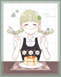 Rule 34 | 1girl, animal crossing, blunt bangs, blush, braid, butter, chewing, closed eyes, collared shirt, copyright name, dress, floral print, flower, food, food on face, fork, go-on, green hair, hair flower, hair ornament, heart, highres, holding, holding fork, holding knife, knife, long hair, maple syrup, nintendo, original, pancake, pancake stack, pinafore dress, placemat, puffy short sleeves, puffy sleeves, shirt, short sleeves, sleeveless dress, smile, solo, souffle pancake, twin braids