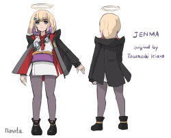 Rule 34 | 1girl, black jacket, blonde hair, character name, colored inner hair, commentary, english commentary, from behind, grey eyes, grey pants, hair behind ear, hololive, hololive english, jacket, japanese clothes, jenma-chan, looking at viewer, multicolored hair, multiple views, nintendo switch lite, obi, open hand, open hands, pants, purple hair, sash, short hair, smile, tunnarata, virtual youtuber, white background