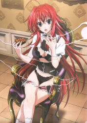 Rule 34 | 10s, 1girl, absurdres, ahoge, blue eyes, bra, breasts, cleavage, female focus, high school dxd, highres, large breasts, long hair, looking at viewer, open mouth, panties, red hair, rias gremory, sitting, smile, solo, underwear, very long hair